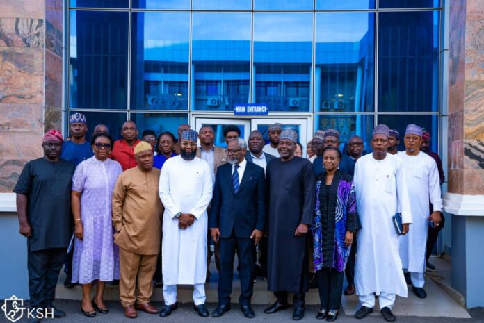 L-R: Director of Information, NASENI, Mr. Segun Ayeoyenikan; Coordinator Director, Planning and Business Development, NASENI, Mrs. Nonye Onyechi; Permanent Secretary, State House, Engr. Olufunso Adebiyi; EVC/CEO of NASENI, Mr. Khalil Suleiman Halilu; Chief of Staff to the President, Rt. Hon. Femi Gbajabiamila, CFR; Deputy Chief of Staff, Senator Ibrahim Hadeija; and other officials and management staff during a familiarisation visit to National Agency for Science and Engineering Infrastructure (NASENI) headquarters in Abuja on Thursday, August 22, 2024.